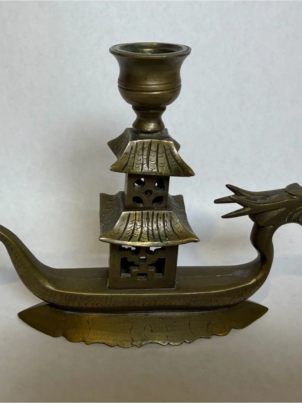Vintage Brass Dragon Boat Pagoda Candle Holder Asian Dragon Candlestick Decor